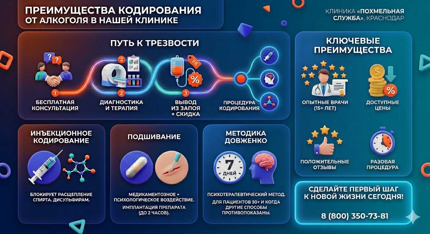 Инфографика о методах кодирования от алкоголя в Печоре: инъекции, подшивание, метод Довженко. Преимущества клиники и этапы лечения.